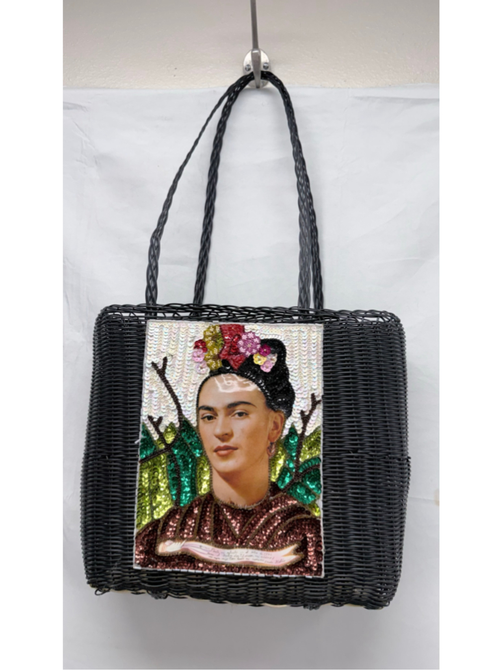 Women's Vintage Unbranded Frida Kahlo Sequin Woven Tote Bag One Size Black